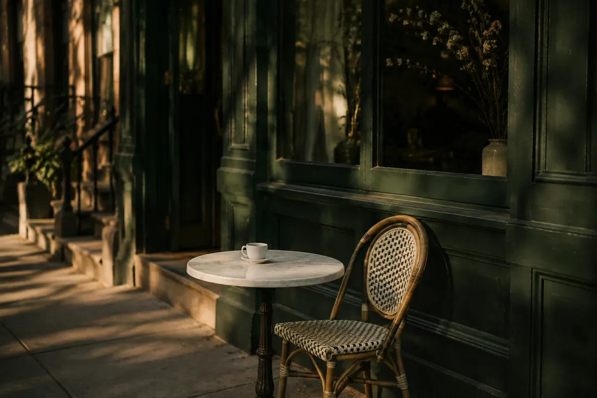 An illustrative café scene with an espresso cup and an empty woven chair