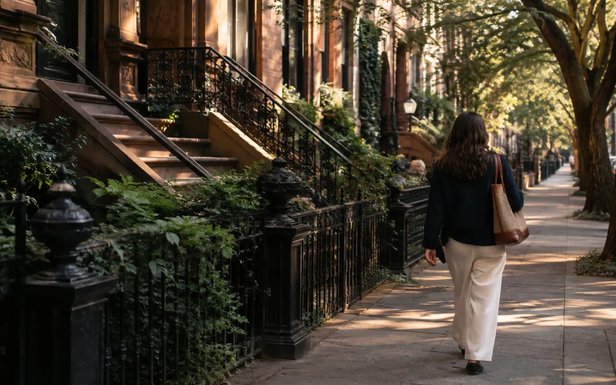 An illustrative scene of a traveller walking beside leafy brownstone buildings