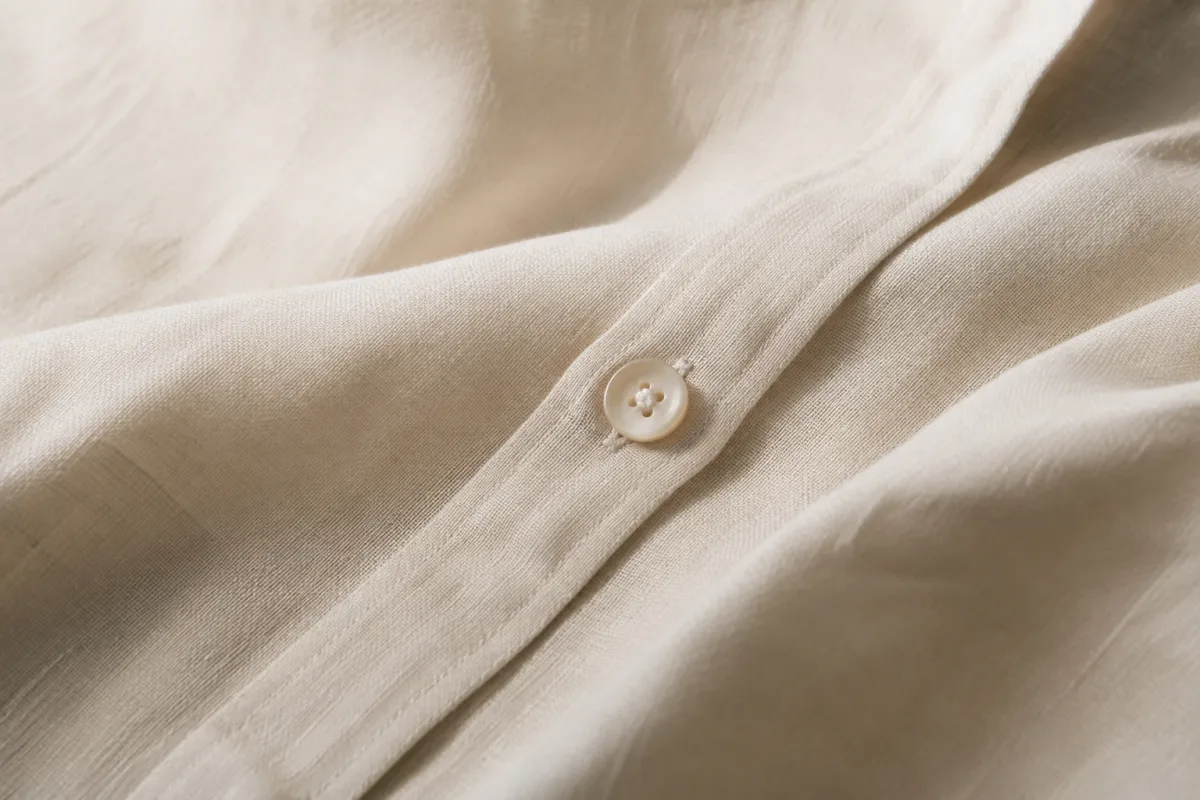 An illustrative close-up of an ivory shirt, button and textured fabric