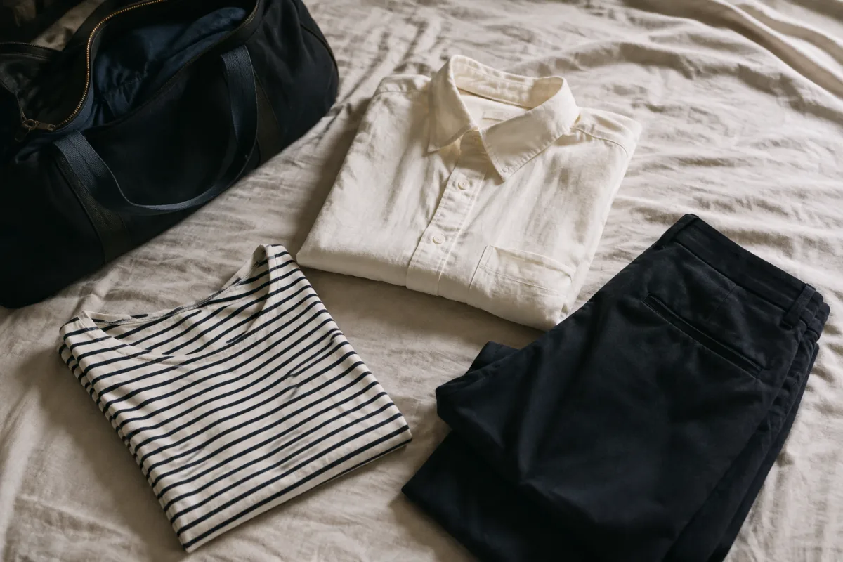 An illustrative flat lay of a cream shirt, striped top, navy trousers and travel bag